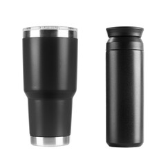 Black stainless thermos bottles isolated on white background.