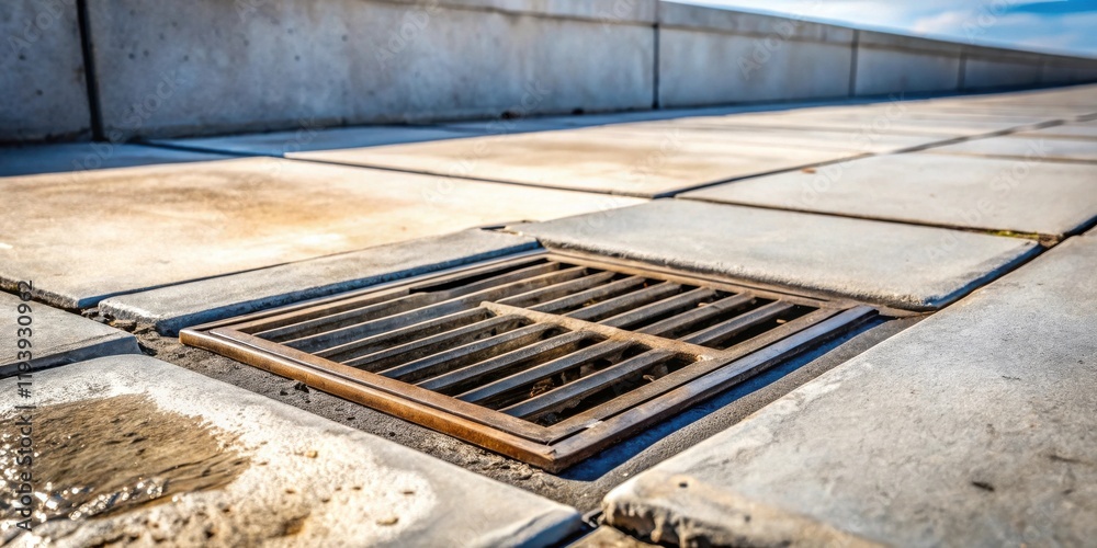 Poster close-up view of a square metal grate set into a paved walkway beside a concrete wall