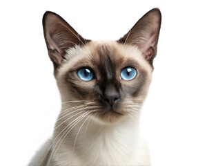 Adult siamese cat portrait, isolated on white background. Head of Thai cat standing in front of white background. Studio photo.