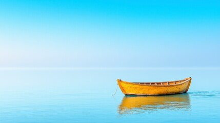 Naklejka premium Tranquil Yellow Boat Floating on Calm Water Under Clear Blue Sky at Sunrise or Sunset in Peaceful Landscape