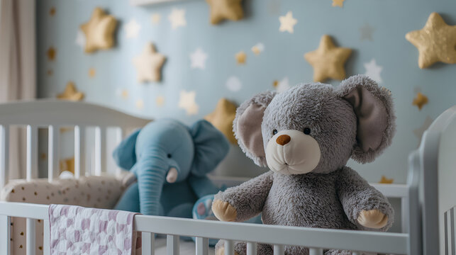 un oso de peluche junto a un elefante de peluche sobre una cuna de bebe cuarto infantil o habitacion para ni&ntilde;os con decoraciones infantiles adorables