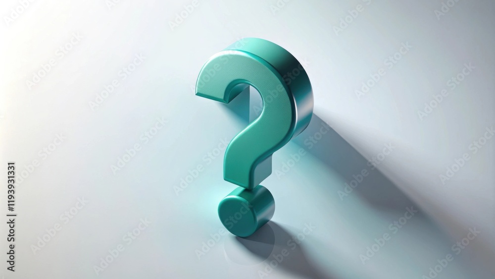 Poster a teal metallic question mark symbol on a white background casting a subtle shadow.