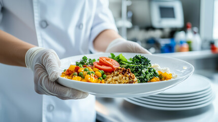 A hospital worker ensuring food safety as they serve a colorful, nutritious meal to a patient