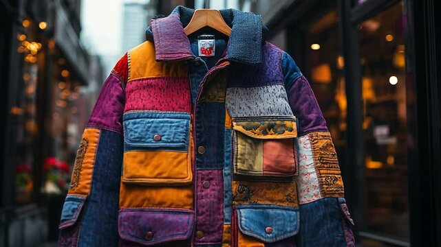 A vibrant patchwork jacket displayed on a hanger in an urban setting.