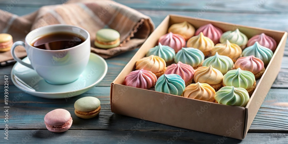 Aufkleber Pastel-colored meringue cookies and macarons arranged on a rustic wooden surface with a cup of coffee, a delightful treat for a relaxing afternoon