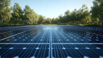 Solar panels in a green field, trees in background, sustainable energy.