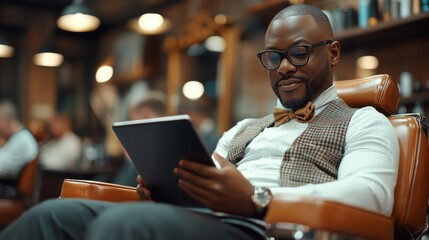 Owner of a barbershop reviewing business paperwork on tablet