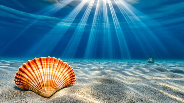 Vibrant underwater scene showcasing a scallop shell resting on sandy ocean floor illuminated by sun rays
