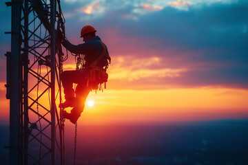 A lone, focused electrical lineworker, silhouetted against a vibrant sunrise, meticulously repairs power lines on a towering metal grid.

