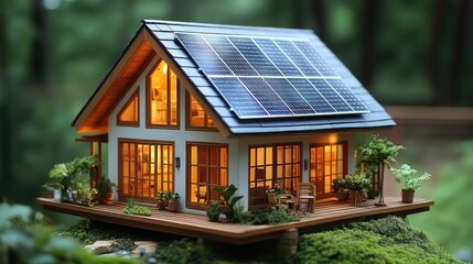 Solar-powered model house in forest, illuminated at dusk.