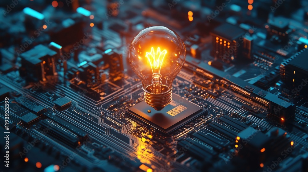 Poster a 3d rendering of a glowing lightbulb on a circuit board, symbolizing the intersection of innovation