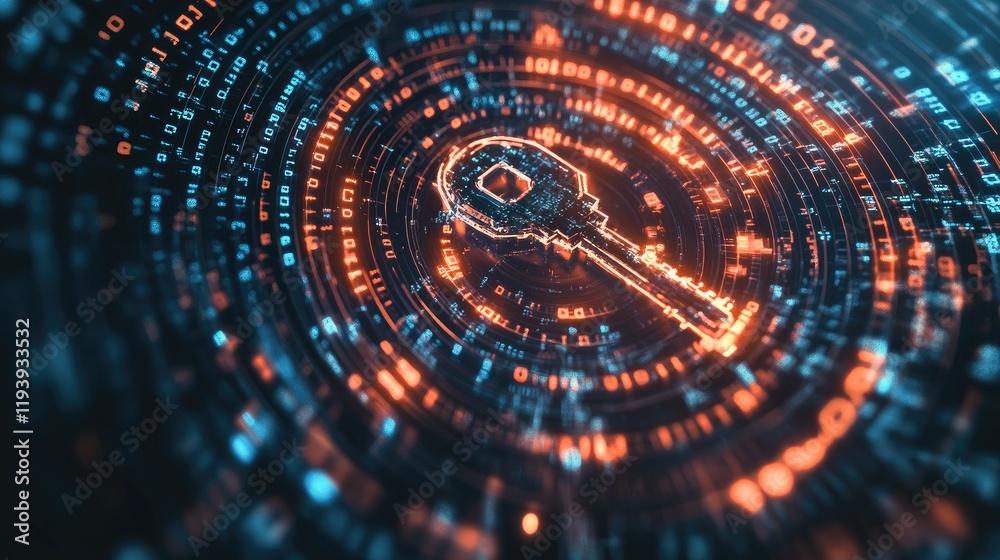 Poster A 3D representation of a key surrounded by swirling binary code, capturing the concept of cyber security, encryption, and safe data transfer.