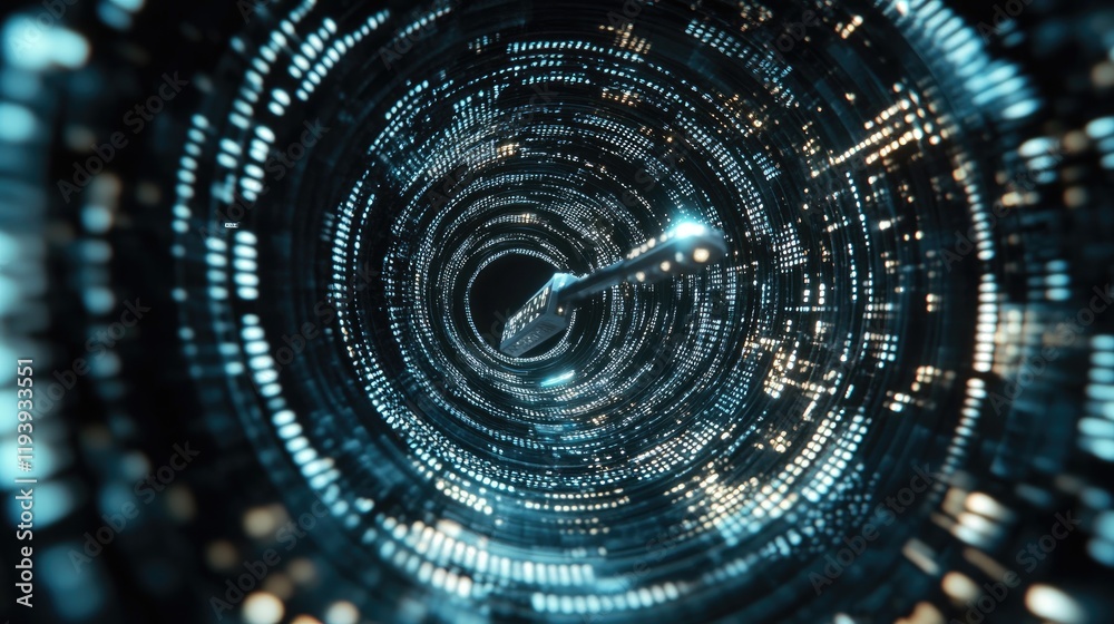 Poster A 3D representation of a key surrounded by swirling binary code, capturing the concept of cyber security, encryption, and safe data transfer.