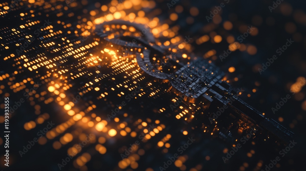 Poster A 3D representation of a key surrounded by swirling binary code, capturing the concept of cyber security, encryption, and safe data transfer.