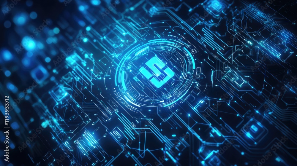 Poster A 5G connection symbol surrounded by futuristic circuit designs on a gradient blue background, representing cutting-edge technology and wireless communication