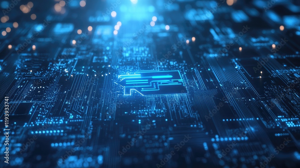Poster A 5G connection symbol surrounded by futuristic circuit designs on a gradient blue background, representing cutting-edge technology and wireless communication