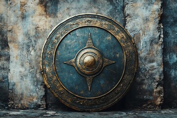 Fototapeta premium Ancient weathered round shield with ornate brass details against a stone wall.