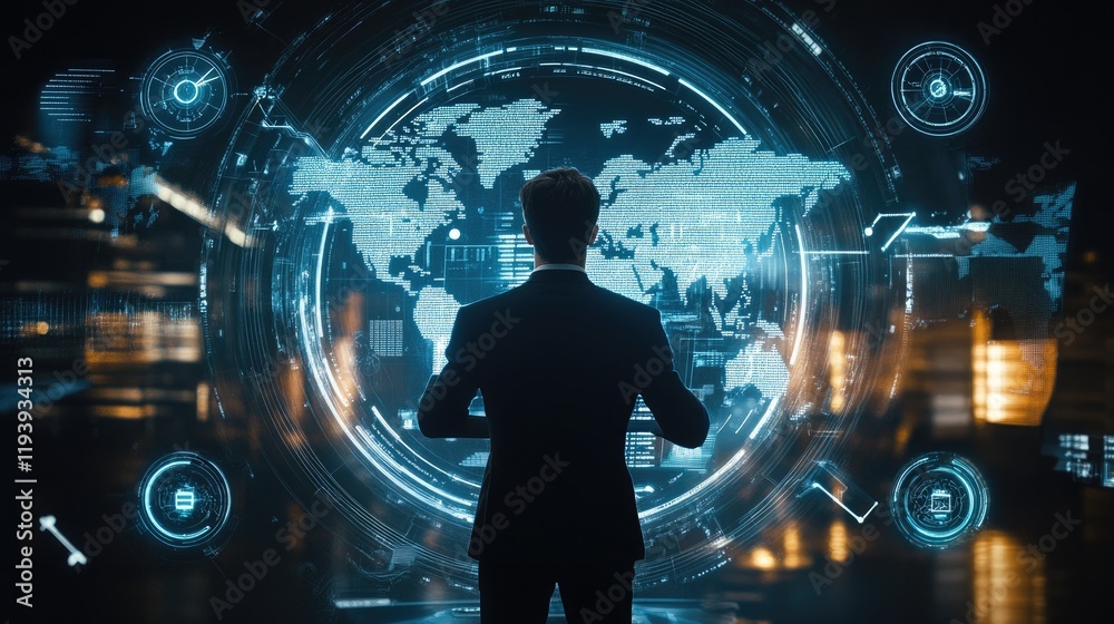 Poster a businessman holding a tablet displaying a holographic blockchain world map, with digital technolog