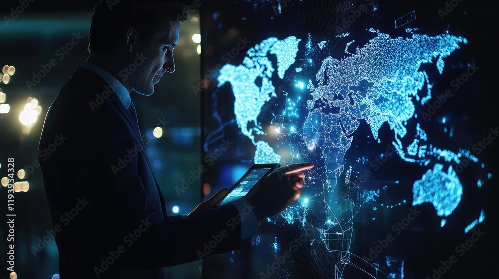 Poster A businessman interacting with a tablet displaying a glowing blockchain world map, emphasizing the global impact of blockchain.