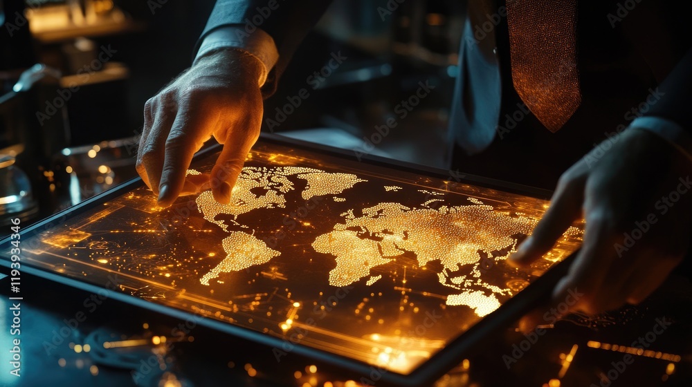 Poster A businessman interacting with a tablet displaying a glowing blockchain world map, emphasizing the global impact of blockchain.
