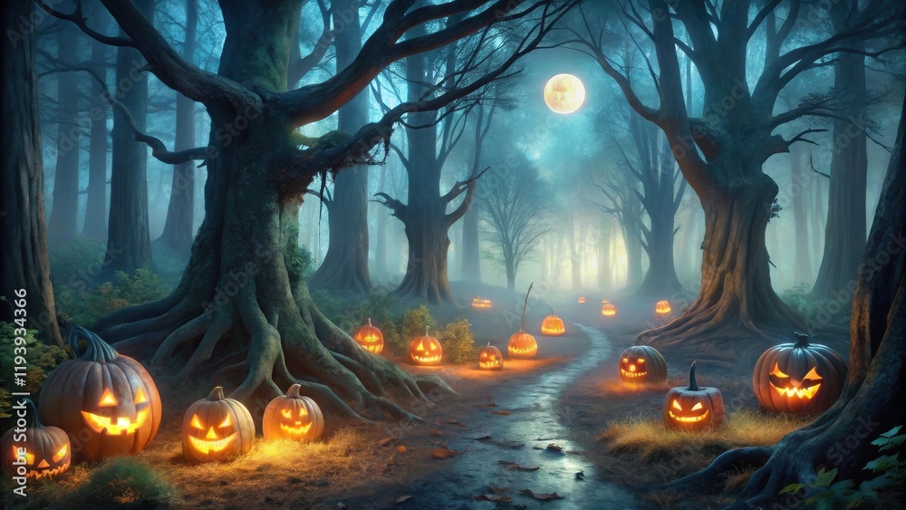 Poster Enchanted Forest Path Illuminated by Glowing Jack-o'-lanterns on a Mystical Halloween Night