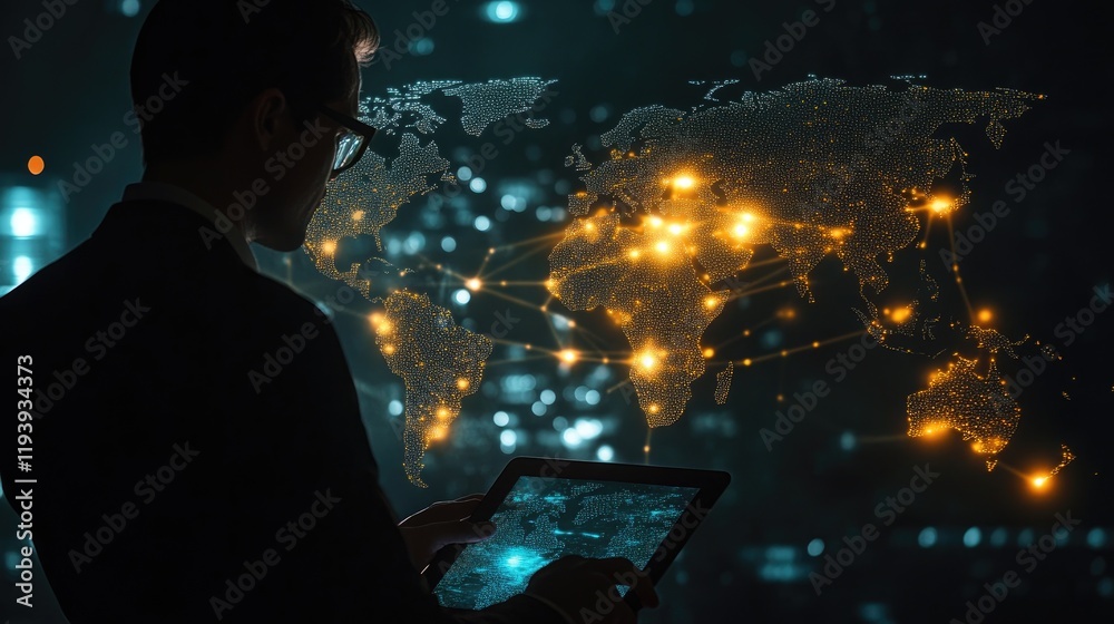 Aufkleber A businessman interacting with a tablet displaying a glowing blockchain world map, emphasizing the global impact of blockchain.