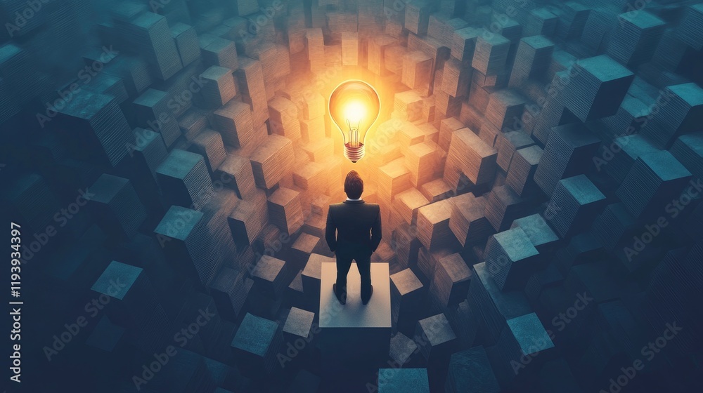 Poster a businessman looking up at a glowing lightbulb while standing on cubes, symbolizing business creati