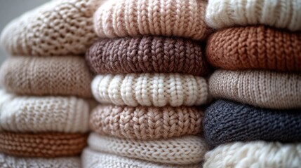 Stacked knitted sweaters in warm colors on a table indoors.