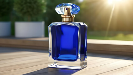 3D render of a stunning blue glass perfume bottle mockup with a blank label, bathed in warm sunlight in a natural outdoor environment.