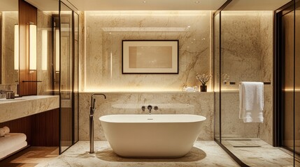 A chic and modern bathroom featuring a freestanding bathtub, marble walls, and minimalist decor, offering a serene and luxurious experience