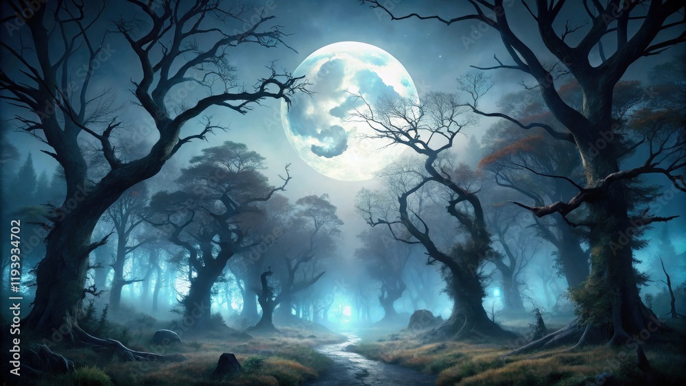 Aufkleber enchanted forest path under a mystical full moon