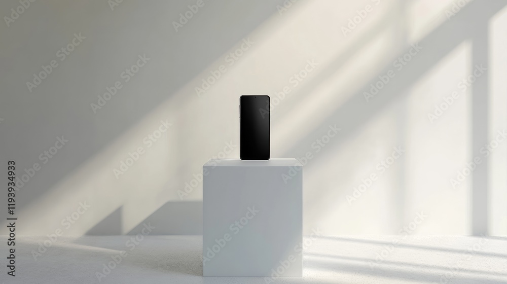 Poster a clean, modern exhibition space with a smartphone displayed on a white podium, ideal for showcasing