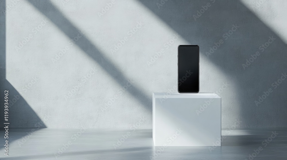 Poster a clean, modern exhibition space with a smartphone displayed on a white podium, ideal for showcasing