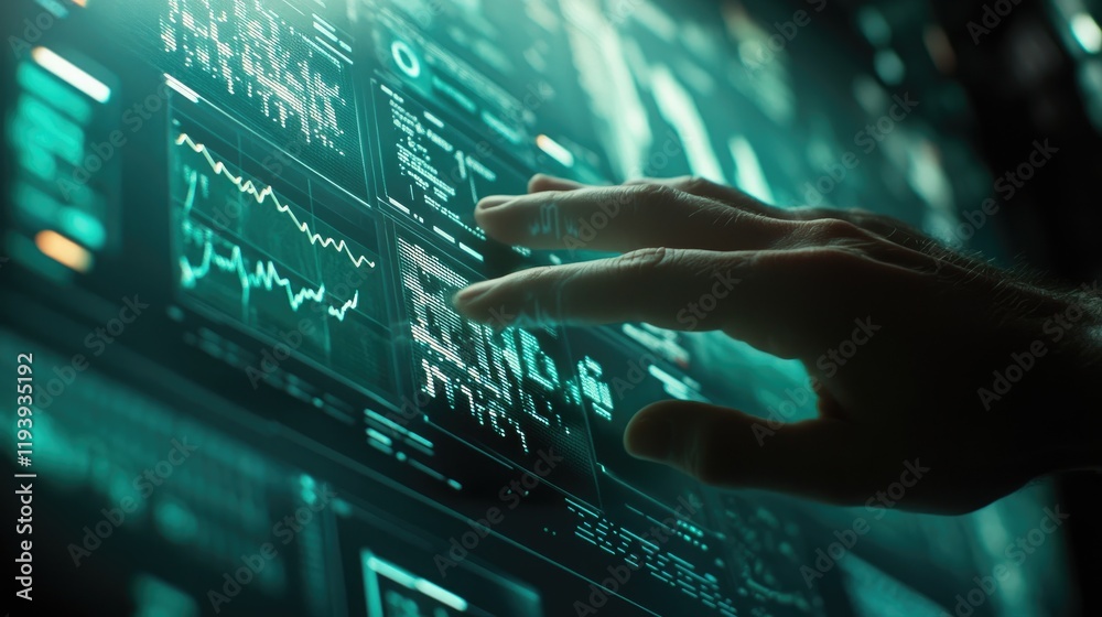 Poster A close-up of a hand interacting with a digital screen displaying financial data, stock market graphs, and digital numbers in a futuristic style