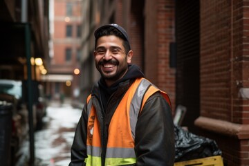 Fototapeta premium Smiling portrait of a young male Mexican garbage man in New York
