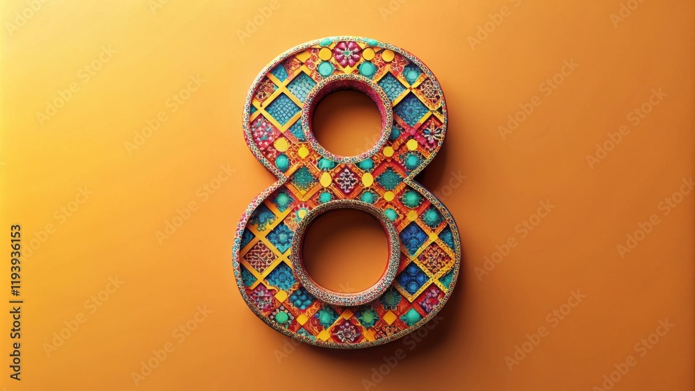 Poster ornate number eight, decorated with intricate colorful patterns and designs