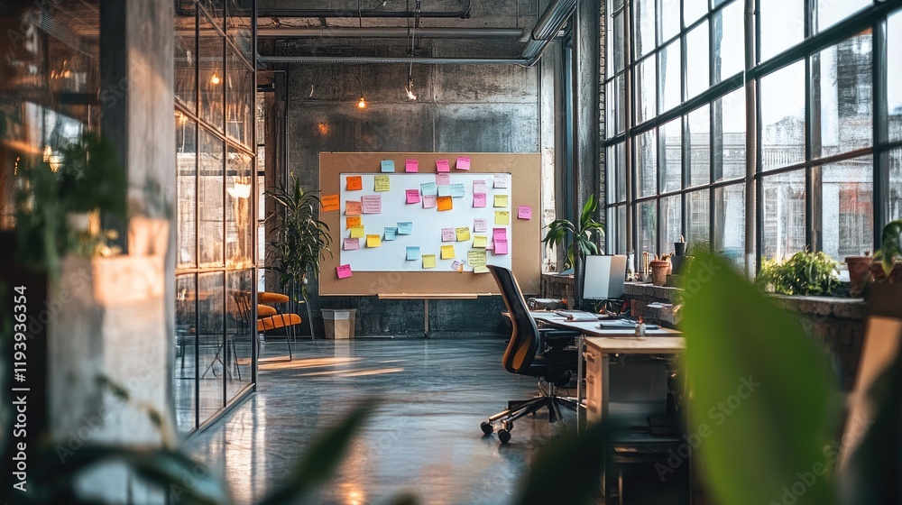 Poster A creative office space with a flip chart and sticky notes on the walls, designed with modern loft-style elements and a collaborative work environment.