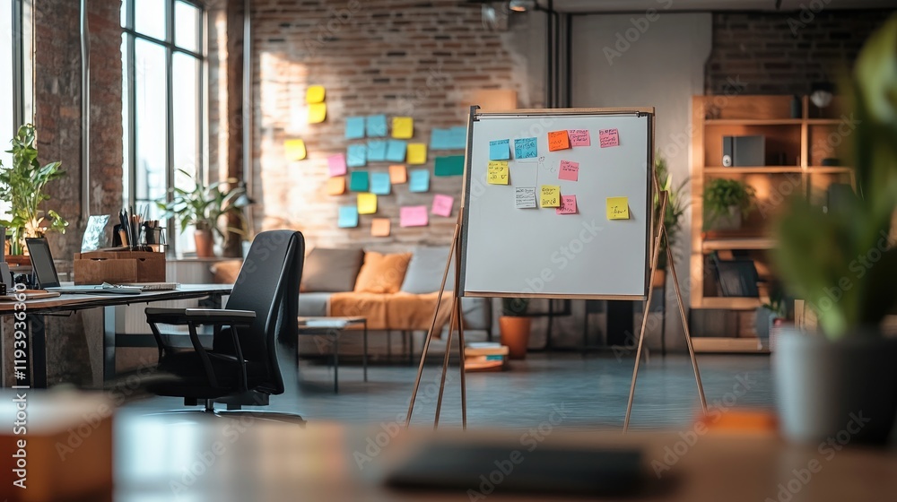 Poster A creative office space with a flip chart and sticky notes on the walls, designed with modern loft-style elements and a collaborative work environment.