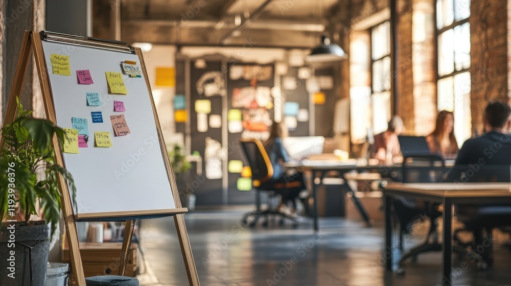 Aufkleber a creative office space with a flip chart and sticky notes on the walls, designed with modern loft-s