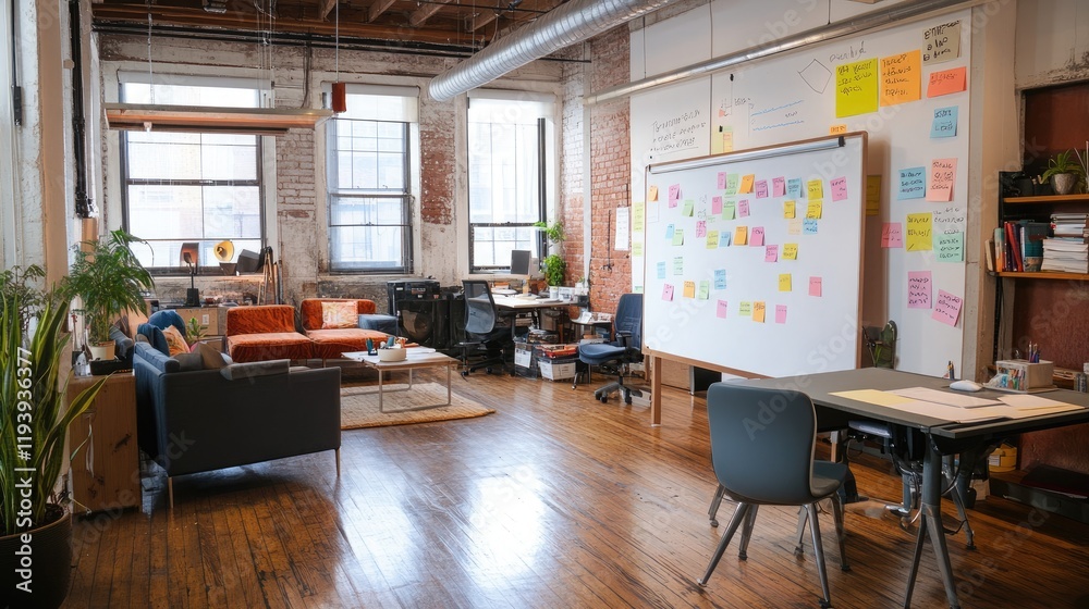 Poster A creative office space with a flip chart and sticky notes on the walls, designed with modern loft-style elements and a collaborative work environment.