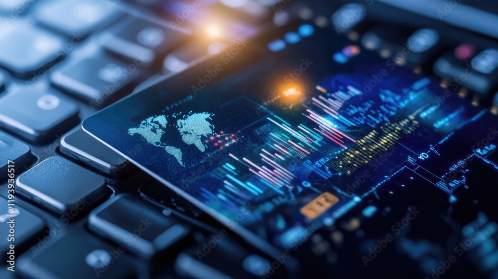 Poster a credit card with graphs and a globe overlay on a keyboard background, illustrating global financia