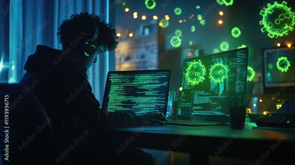 Poster A cybersecurity error concept with a person working on a laptop, with coding and virus alerts on the screen, representing modern cyber threats