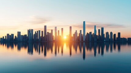 Fototapeta premium A stunning sunrise over a modern city skyline reflecting on calm water
