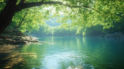 Fototapeta premium Sunlit riverbank under lush tree canopy in tranquil forest.