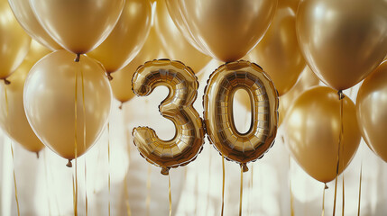 Floating gold number 30 balloons surrounded by more balloons and confetti. Blurred white background. Birthday or anniversary decorations.
