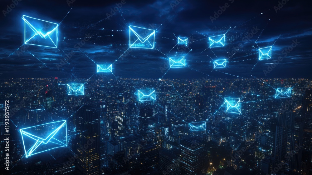Poster a digital email network with glowing icons over a city at night, showcasing the speed and connectivi