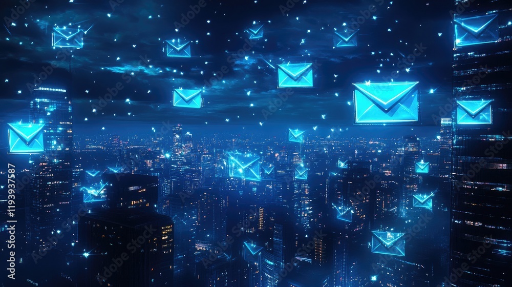 Poster a digital email network with glowing icons over a city at night, showcasing the speed and connectivi