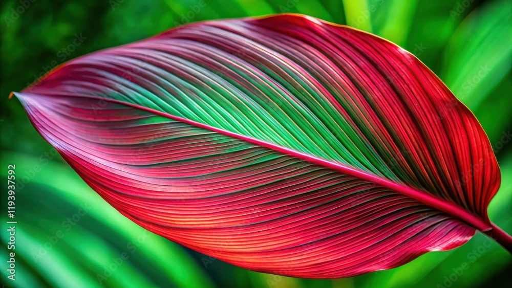 Poster close-up of a vibrant, red and green leaf exhibiting intricate vein patterns