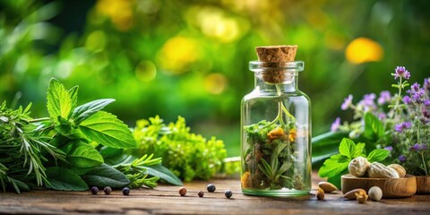 Aromatic bottle with fresh herbs, wellness, natural remedies,  wellness, natural remedies, self care, aromatic