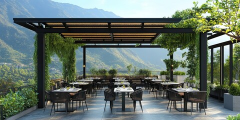 Fototapeta premium Mountain View Rooftop Restaurant Terrace Dining Area